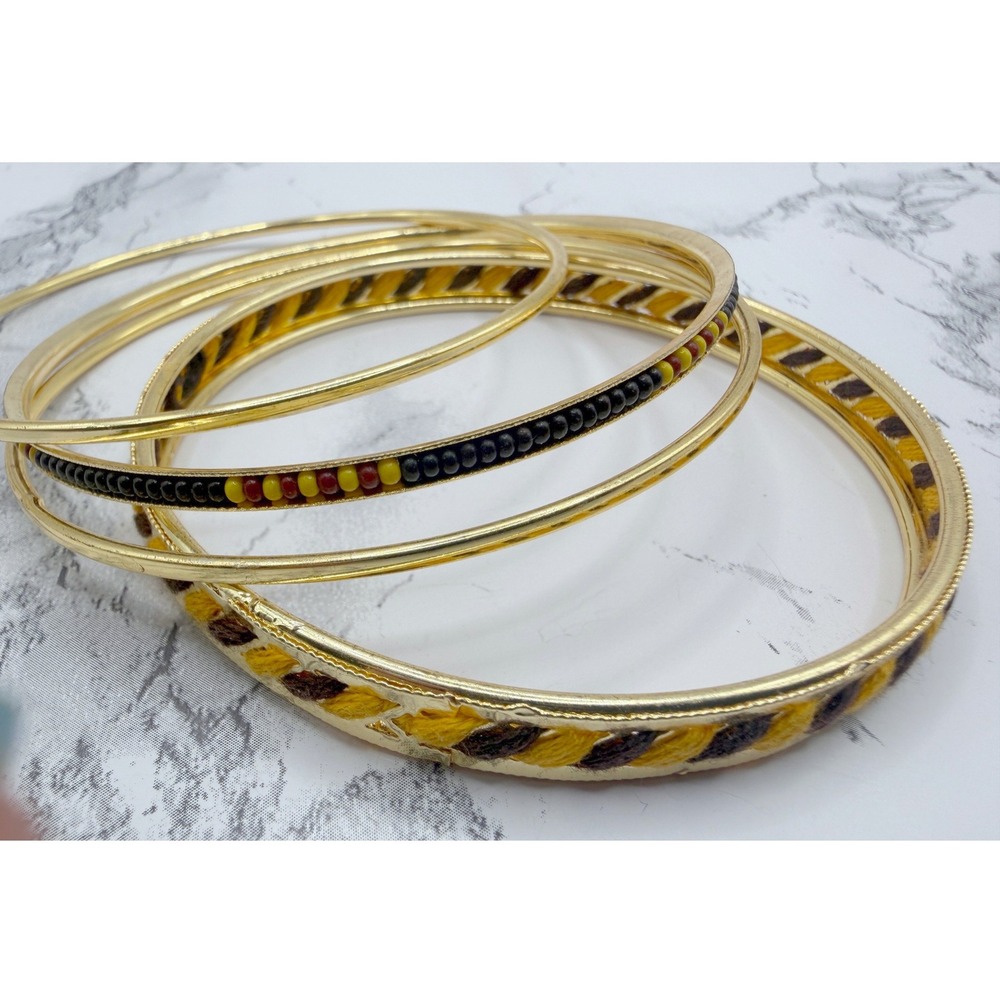 Set of 4 Gold Tone Bangle Bracelets Textured Beaded Stack 10.25" Boho